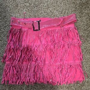 Vibrant Pink Fringe Mini Skirt with Studded Belt